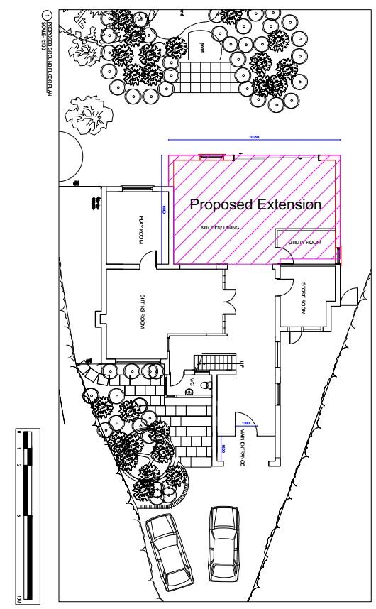 Cape Build's own proposed ground floor plan for an extension project, with the extension outlined in red