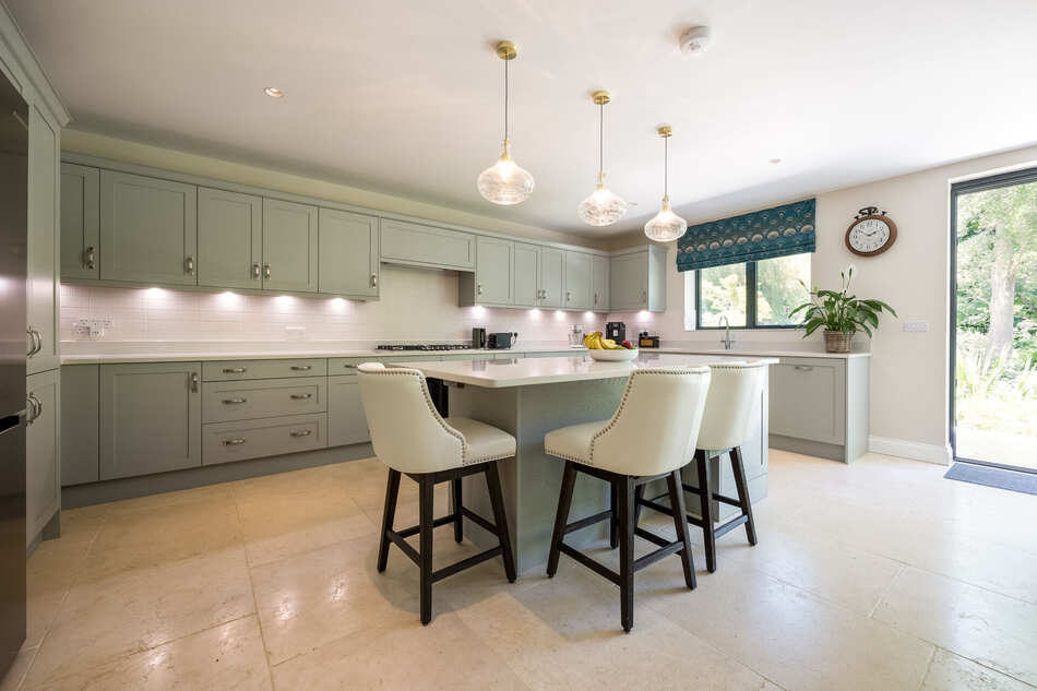 Blenheim Drive, sage green shaker kitchen with island