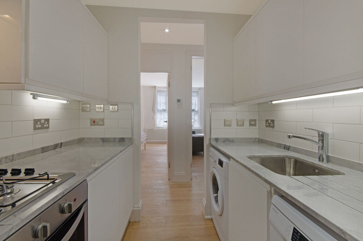 Fully renovated galley kitchen, part of a full flat refurbishment